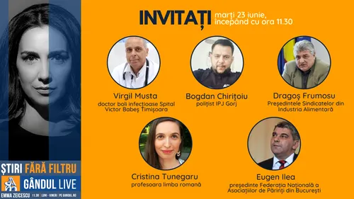 GÂNDUL LIVE. Medicul Virgil Musta și profesoara Cristina Tunegaru se află printre invitații Emmei Zeicescu, pe 23 iunie, de la ora 11.30