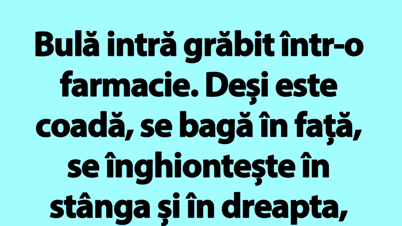 BANC | Bulă intră grăbit într-o farmacie