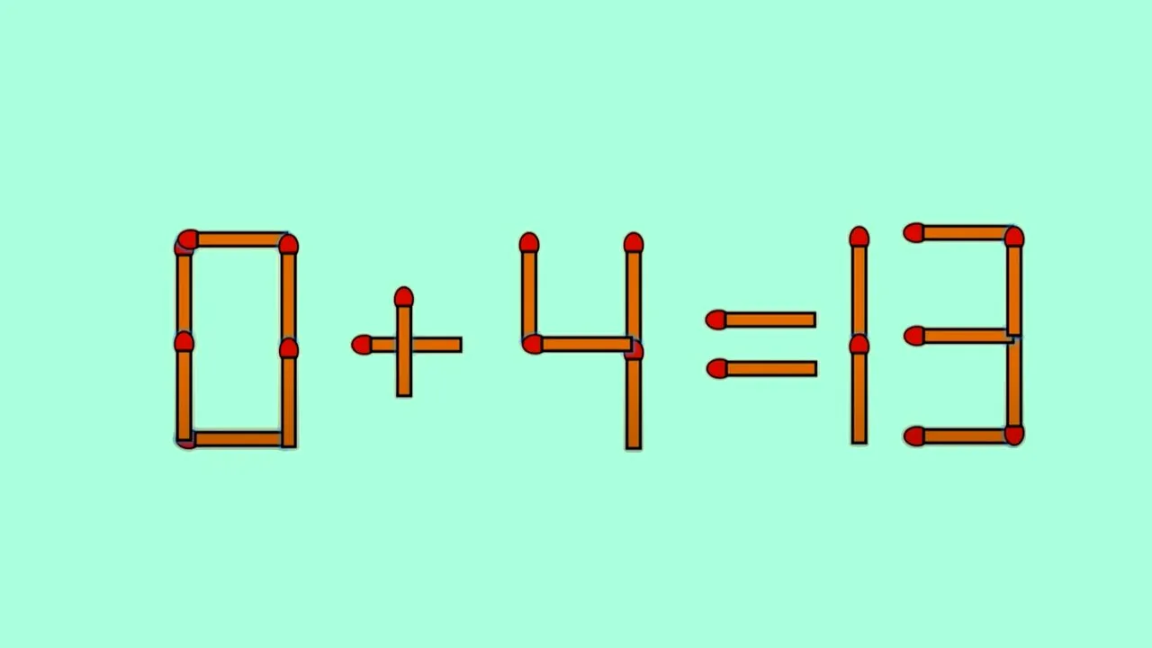 TEST IQ | Mută un băț de chibrit pentru a corecta următoarea ecuație: 0 + 4 = 13
