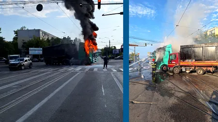Un TIR a luat foc după ce a fost izbit de un autoturism. Două persoane au fost rănite