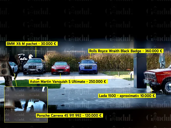 FOTO EXCLUSIV - Mașini în valoare de sute de mii de euro care aparțin fraților Andrew și Tristan Tate, puse sub sigiliu / Cea mai scumpă e un Rolls Royce Wraith Black Badge, care costă 360.000 euro / Sursa foto: Gândul