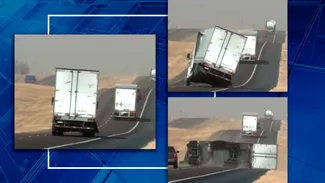 Au și americanii problemele lor cu vremea. Imagini cu momentul în care un camion este răsturnat de vânt în mers