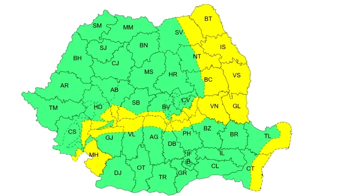 Cod galben de vânt și zăpadă viscolită pentru 26 decembrie, ora 14 – 27 decembrie, ora 16. Sursă: ANM