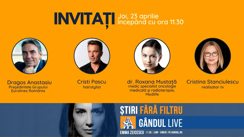 GÂNDUL LIVE. Omul de afaceri Dragoș Anastasiu și Cristi Pascu, hairstylist, printre invitații Emmei Zeicescu, pe 23 aprilie, de la ora 11.30