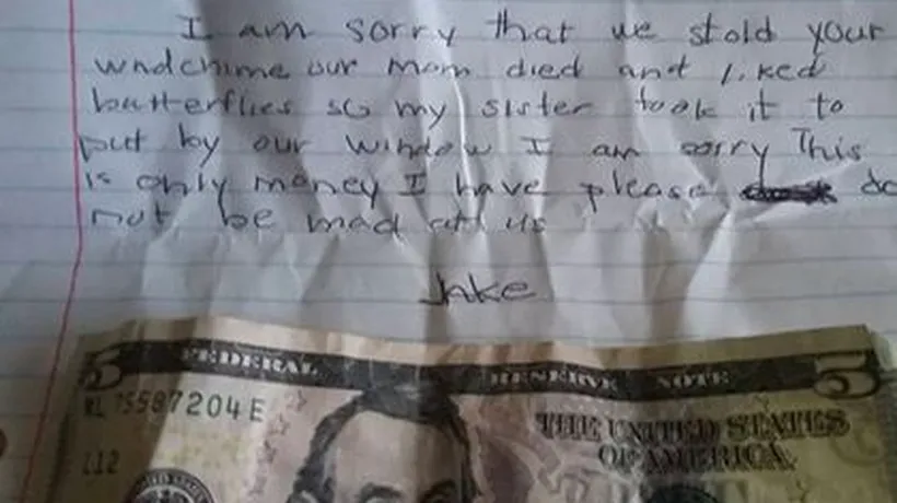 Mesajul emoționant lăsat de un hoț femeii de la care a furat: Îmi pare rău. Sper sa nu te superi pe noi. Răspunsul neașteptat al acesteia