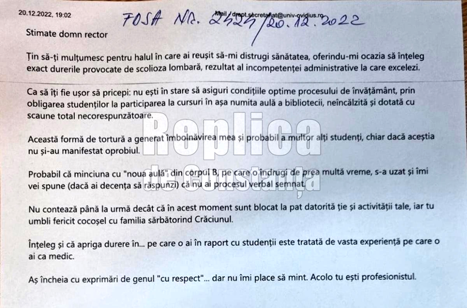 „Țin să-ți mulțumesc pentru halul în care ai reușit să-mi distrugi sănătatea!”. Scrisoarea unui student din Constanța adresată rectorului Universității Ovidius