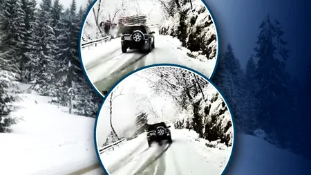 Momentul în care un camion plin cu bușteni cade într-o prăpastie, în apropierea de stațiunea Păltiniș