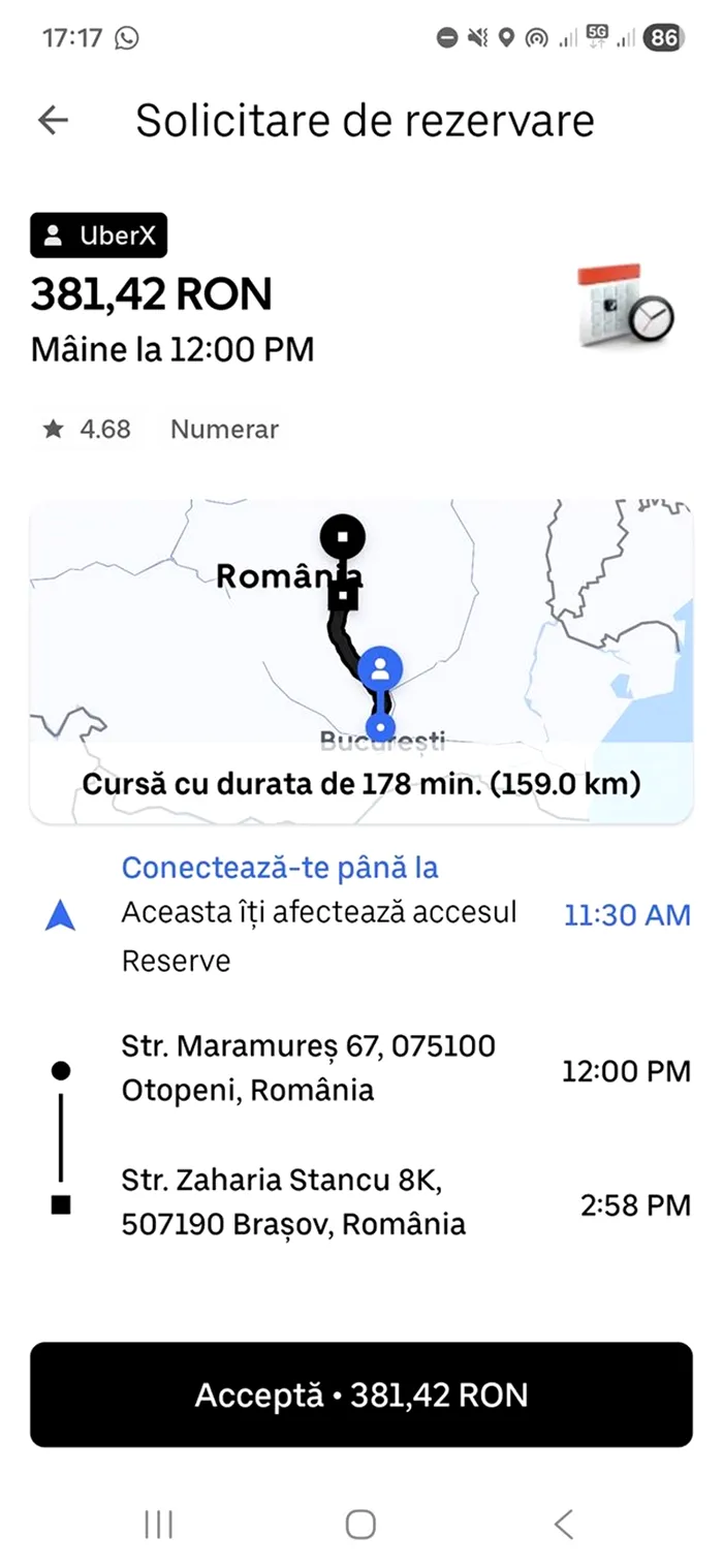 Un client a comandat un Uber de la Aeroportul Otopeni la Brașov. Câți bani i s-au cerut pentru cursa de 178 minute