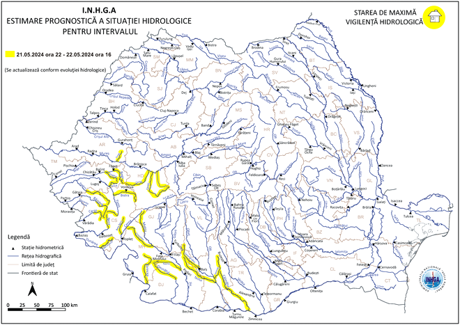Cod galben de inundații în mai multe bazine hidrografice şi pe afluenţii mici ai Dunării / Sursa foto: INHGA