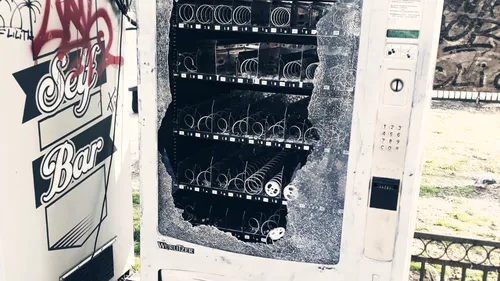 Automatul jefuit luni de protestatari a rămas neclintit. Cioburile sunt încă pe jos