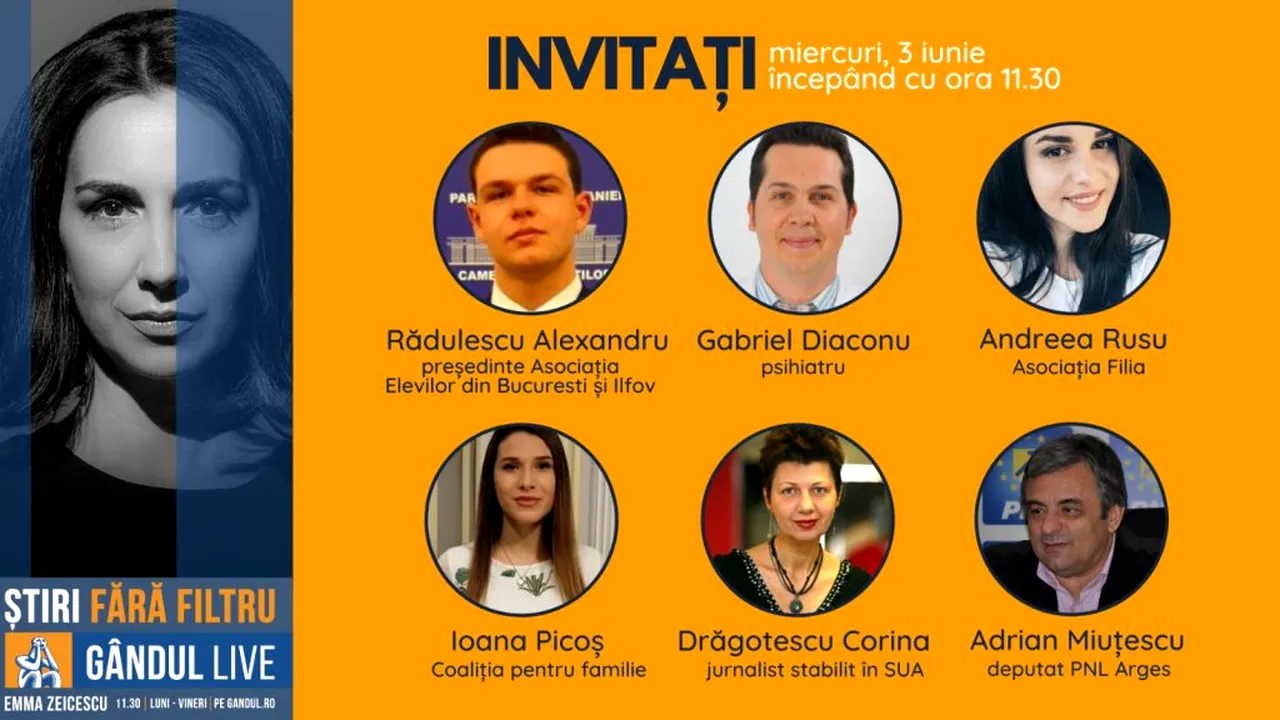 GÂNDUL LIVE. Psihiatrul Gabriel Diaconu și jurnalista Corina Drăgotescu se află printre invitații Emmei Zeicescu, pe 3 iunie, de la ora 11.30