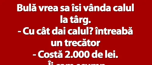 BANCUL ZILEI | Bulă vrea să își vândă calul la târg: „Costă 2.000 de lei