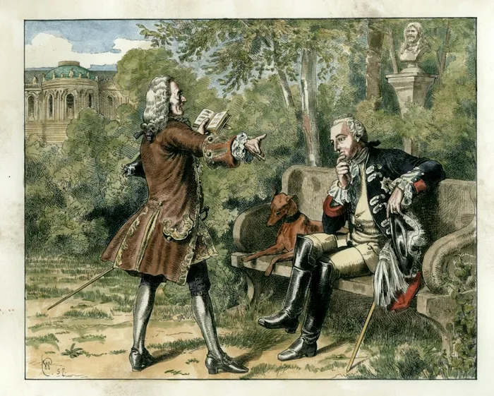 Frederic și Voltaire în Parcul Palatului Sanssouci - gravură pe lemn din 1857 
