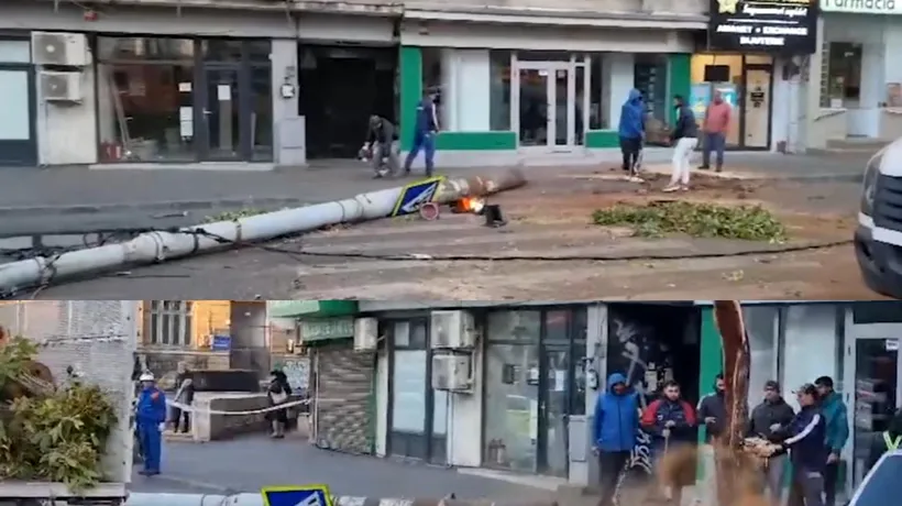 GALERIE FOTO: Incident periculos lângă Gara de Nord din București: Un stâlp de iluminat a căzut peste o trecere de pietoni