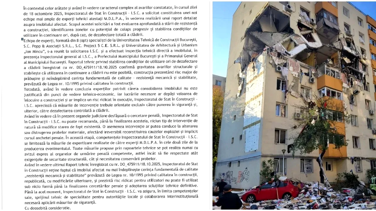 ISC a emis deja raportul în cazul blocului din Rahova afectat de explozie