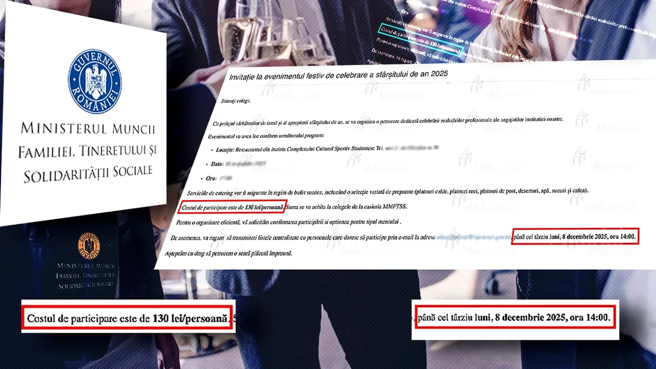 Petrecere de final de an la Ministerul Muncii cu taxă de participare. Angajații au fost anunțați că vor fi sărbătoriți, dar pe banii lor. Gândul dezvăluie cât trebuie să plătească fiecare bugetar: “suma se achită la casierie”