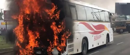 La un pas de tragedie! Autocar cu 44 de pasageri, cuprins de flăcări pe A1! (GALERIE FOTO ȘI VIDEO)