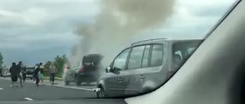 Trafic blocat pe A2, pe sensul către Constanța, după ce o mașină a luat foc în zona Fundulea (VIDEO)