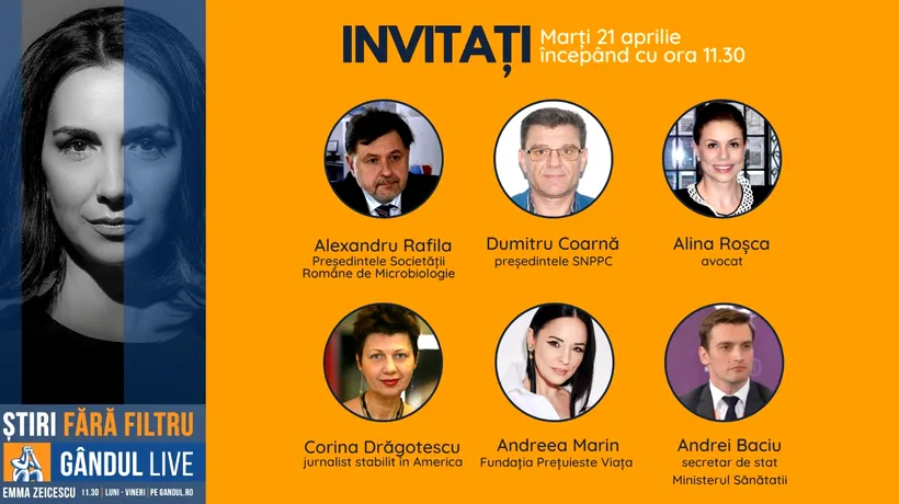 GÂNDUL LIVE! Prof. Alexandru Rafila și Andreea Marin, printre invitații Emmei Zeicescu de marți, 21 aprilie, ora 11,30