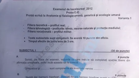 BAC 2012 SESIUNEA TOAMNĂ. SUBIECTE BIOLOGIE, sesiunea iunie-iulie 2012