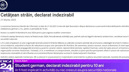 Student german, declarat INDEZIRABL pentru 10 ani. Venise în România pentru studii, dar era radicalizat și simpatizant al unor organizații teroriste