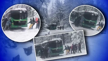 Imagini cu un autobuz blocat în zăpadă, la Braşov. Mai mulţi călători încearcă să-l tragă din nămeţi cu mâinile goale