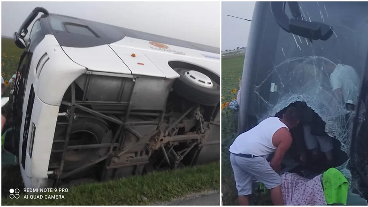 Autocar înmatriculat în BULGARIA, răsturnat pe DN2, în Vrancea/Opt persoane au suferit răni ușoare, una a fost dusă la spital