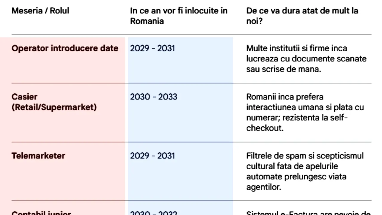 În ce an ai putea fi înlocuit de AI în România, în funcție de meseria ta. Tabel pentru 25 de job-uri cu grad ridicat de automatizare