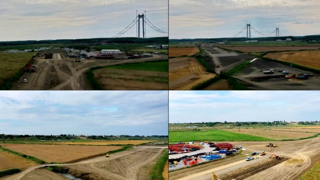FOTO | Podul suspendat peste Dunăre, al treilea pod ca lungime din Europa, nu rămâne muzeu. Zeci de utilaje lucrează la drumurile de legătură