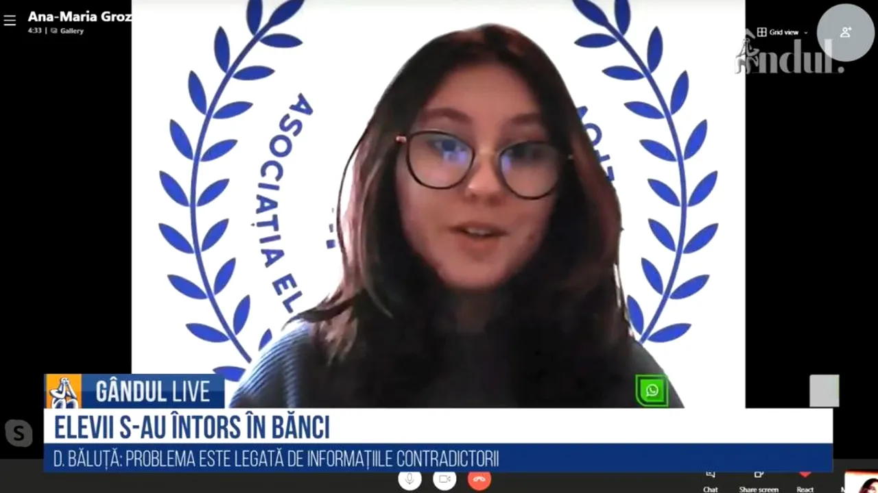 GÂNDUL LIVE. Ana Maria Groza, președintele Asociației Elevilor din București și Ilfov: „În 2021 va trebui să avem un buget mai mare pentru a putea ține școlile deschise”