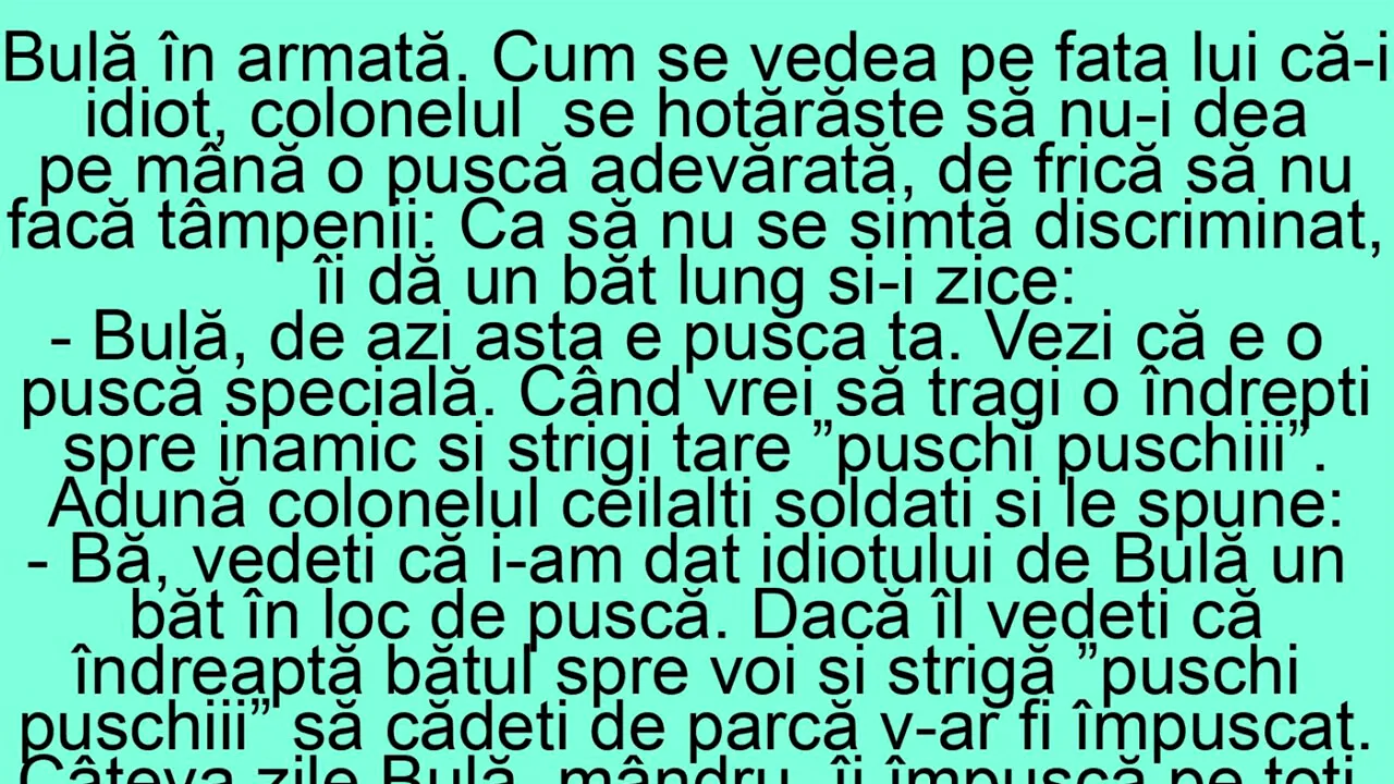 BANC | Bulă este în armată. Neavând încredere în el, colonelul îi dă un băț, nu o pușcă adevărată