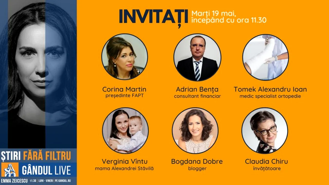 GÂNDUL LIVE. Consultantul financiar Adrian Bența și medicul ortoped Tomek Alexandru Ioan, printre invitații Emmei Zeicescu, pe 19 mai, de la ora 11.30