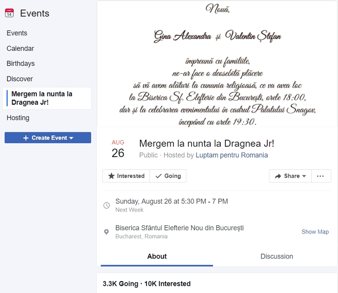 Pagina evenimentului de Facebook cu nunta fiului lui Liviu Dragnea