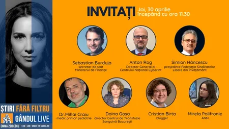 GÂNDUL LIVE. Doina Goșa, director al Centrului de Transfuzie Sanguină București, și medicul pediatru Mihai Craiu, printre invitații Emmei Zeicescu, pe 30 aprilie, de la ora 11.30