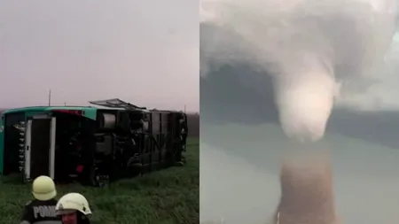 Un autocar cu 39 de pasageri s-a răsturnat pe raza localității Drajna din județul Călărași, unde s-a format o tornadă/ Meteorolog: Nu trebuie să ne panicăm