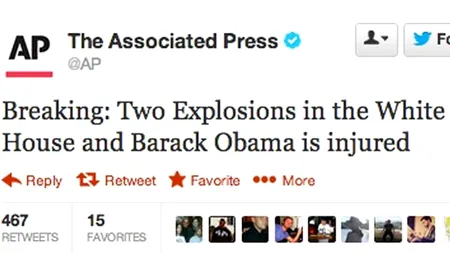 Bursa din SUA a pierdut 136 de miliarde de dolari din cauza mesajului fals privind o explozie la Casa Albă
