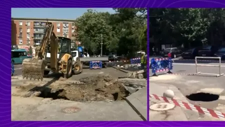 Crater IMENS în mijlocul unei străzi din Galați, după ce carosabilul s-a surpat. O mașină a căzut în groapa formată