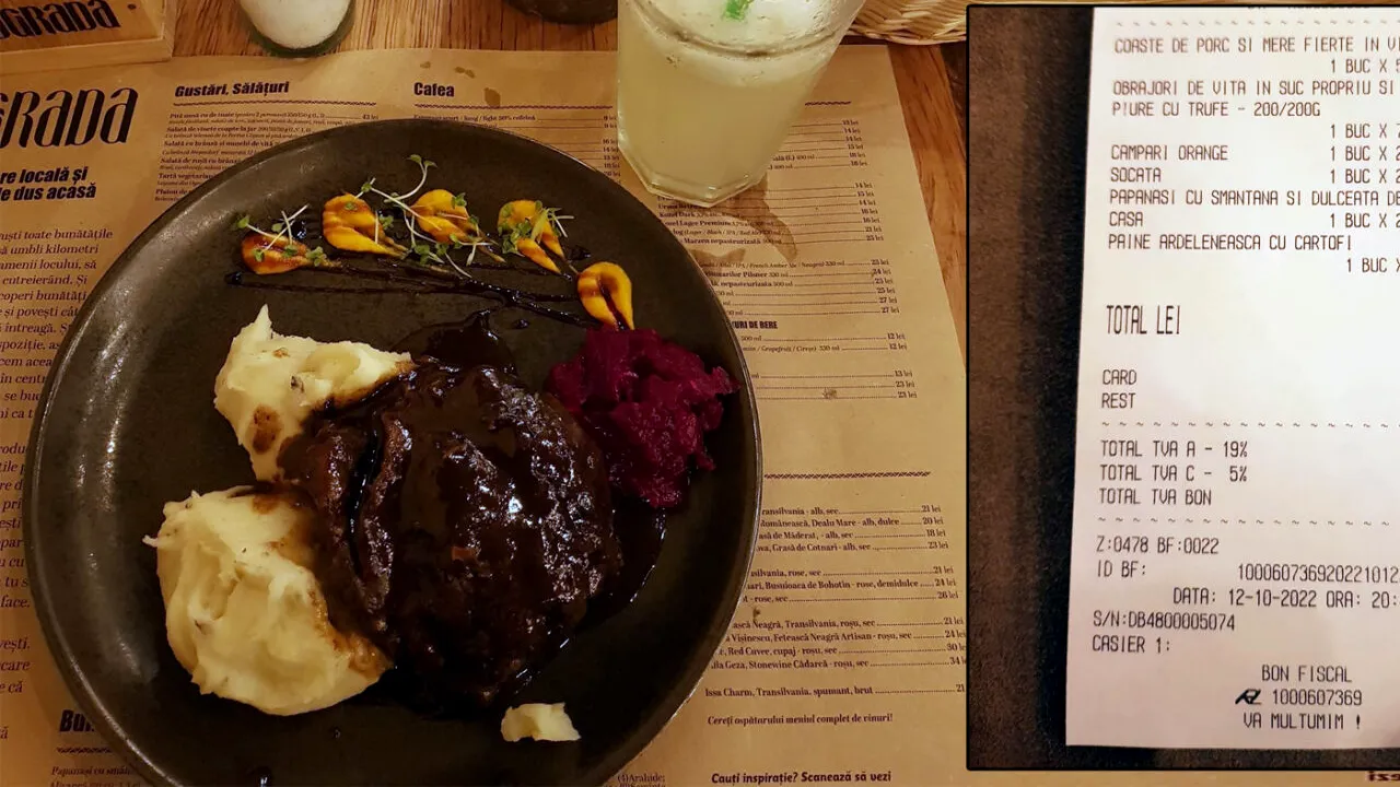 Avem nota de plată! Câți lei a dat o turistă pe o porție de obrăjori de vițel, într-un restaurant din Brașov