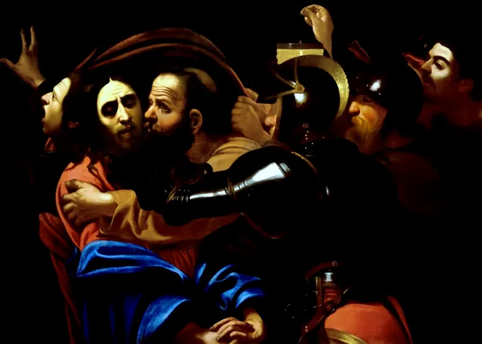 „Arestarea lui Hristos”, o lucrare din secolul al XVII-lea realizată după Caravaggio, îl surprinde pe Iuda identificându-l pe Iisus printr-un sărut, în timp ce soldații templului se apropie pentru a-l aresta, scena fiind marcată de tensiune și dramatism; pictura se află în Muzeul de Arte Frumoase din Budapesta.