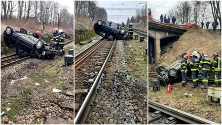 VIDEO | O mașină a căzut de pe un pod, la Predeal. Autoturismul a ajuns pe calea ferată