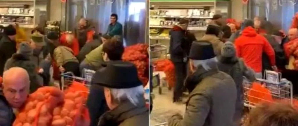 VIDEO. Imagini halucinante surprinse într-un hipermarket, cu românii care se bat pe sacii de cartofi