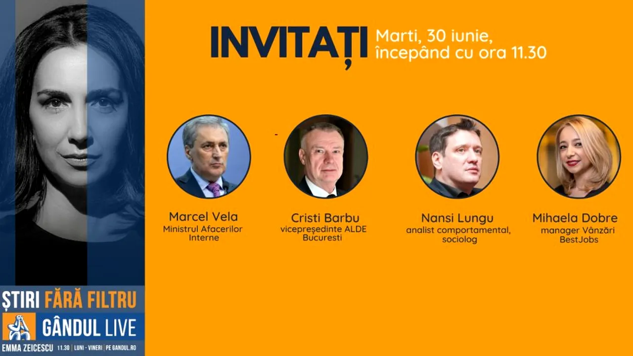 GÂNDUL LIVE. O nouă ediție explozivă cu Emma Zeicescu și invitații săi, marți 30 iunie, de la ora 11,30