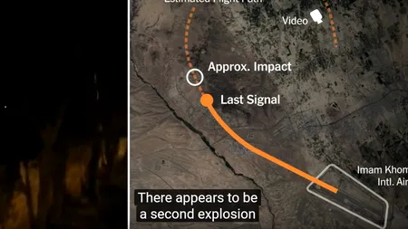 VIDEO: Avionul de pasageri prăbușit în Iran a fost lovit de două rachete, potrivit imaginilor difuzate de cotidianul The New York Times 