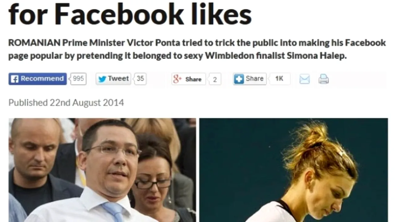 Ponta a ajuns în presa britanică: „Premierul României s-a dat drept Simona Halep ca să strângă Like-uri pe Facebook