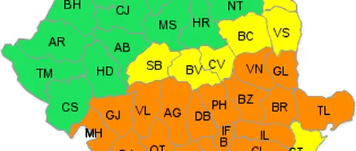 VREMEA. Codul portocaliu extins la 18 județe din sud și sud-est - HARTA ANM