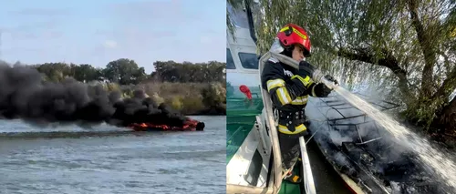 O ambarcațiune a luat FOC pe Dunăre. La bord se aflau două persoane. Pompierii au intervenit de URGENȚĂ