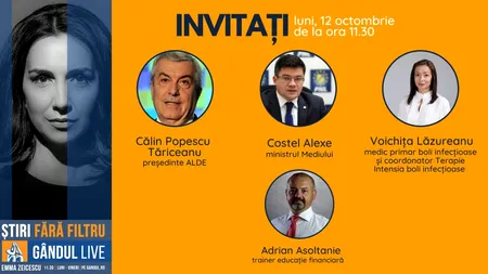 GÂNDUL LIVE. Călin Popescu Tăriceanu, președintele ALDE și Costel Alexe, ministrul Mediului, invitații Emmei Zeicescu, în ediția de luni, 12 octombrie, începând cu ora 11.30