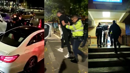 VIDEO - Momentul în care șoferul Mercedesului care a demarat în trombă pe lângă un polițist și patru jandarmi a fost prins. E fiul unei cunoscute cântărețe! / În cursul nopții, „bombardierul” a postat filmulețe din cada cu spumă, în timp ce râdea de polițiști