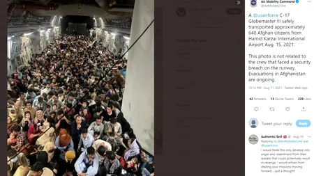 Număr-record de călători pentru o aeronavă C-17 Globemaster III, înregistrat la evacuarea din Afganistan. Copiii nu fuseseră luați în calcul
