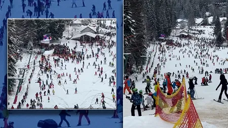 Imagini incredibile din Poiana Brașov. Aglomerație ca în trafic pe pârtii. Abia dacă se mai poate coborî pe schiuri. Pârtia Bradu, de începători, e aproape blocată 